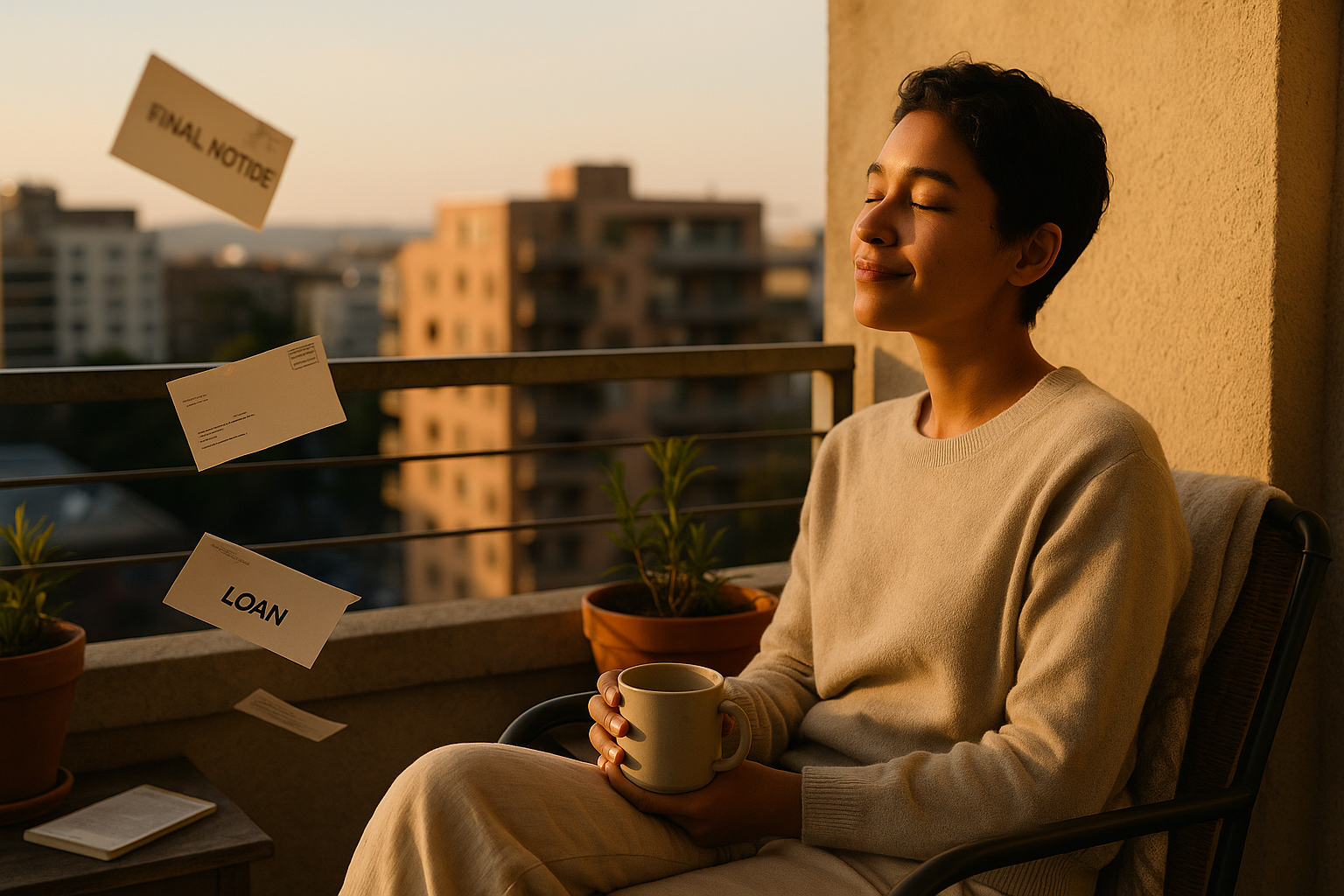 Person relaxing peacefully with financial documents, representing debt relief and peace of mind